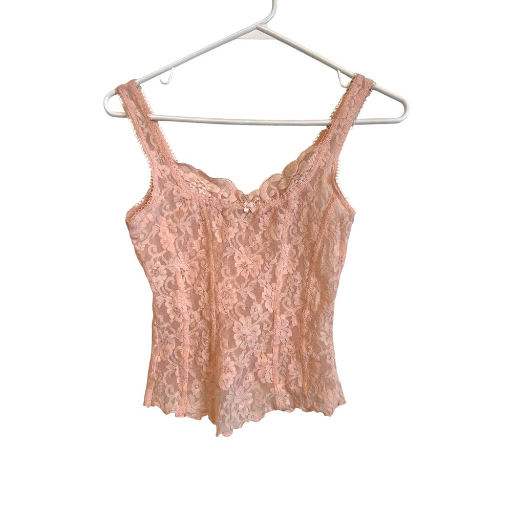 Arianne Pink Lace Corset Style Cami Tank Top Vintage 90s Y2K Sheer Coquette Med